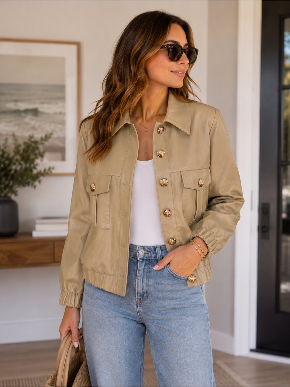 Endless Rose Vegan leather jacket Beige Gold Buttons Bomber small brown tan
